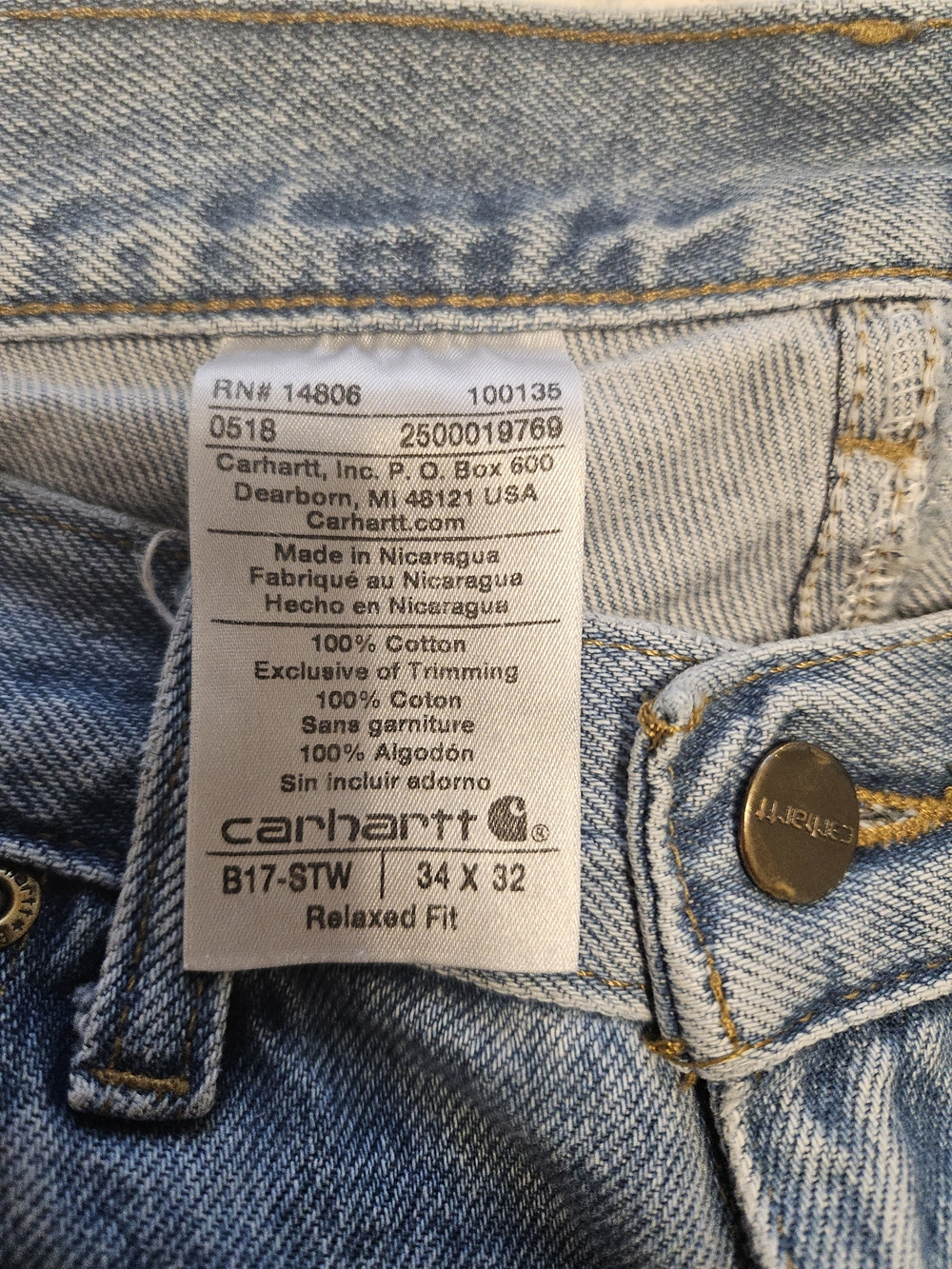 Carhartt Jeans Mens 34x32 Relaxed Fit Straight Leg Light Wash Blue Denim B17 STW - Picture 8 of 12